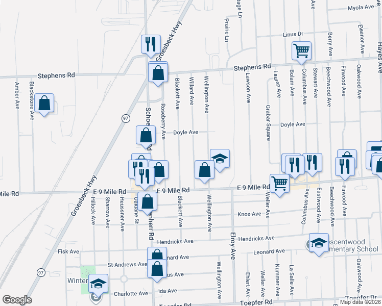 map of restaurants, bars, coffee shops, grocery stores, and more near 23307 Willard Avenue in Warren