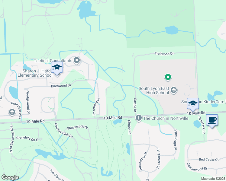 map of restaurants, bars, coffee shops, grocery stores, and more near 24537 Rosemont Drive in South Lyon