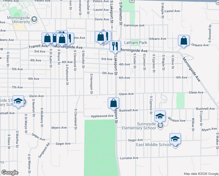map of restaurants, bars, coffee shops, grocery stores, and more near 2317 South Henry Street in Sioux City