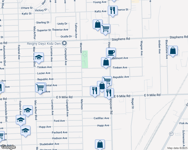 map of restaurants, bars, coffee shops, grocery stores, and more near 11451 Republic Avenue in Warren