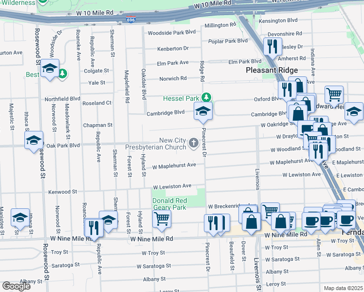 map of restaurants, bars, coffee shops, grocery stores, and more near 767 West Drayton in Ferndale