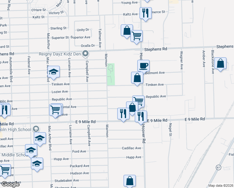map of restaurants, bars, coffee shops, grocery stores, and more near 11364 Timken Avenue in Warren