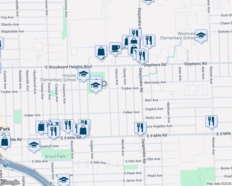 map of restaurants, bars, coffee shops, grocery stores, and more near 23463 Vance Avenue in Hazel Park