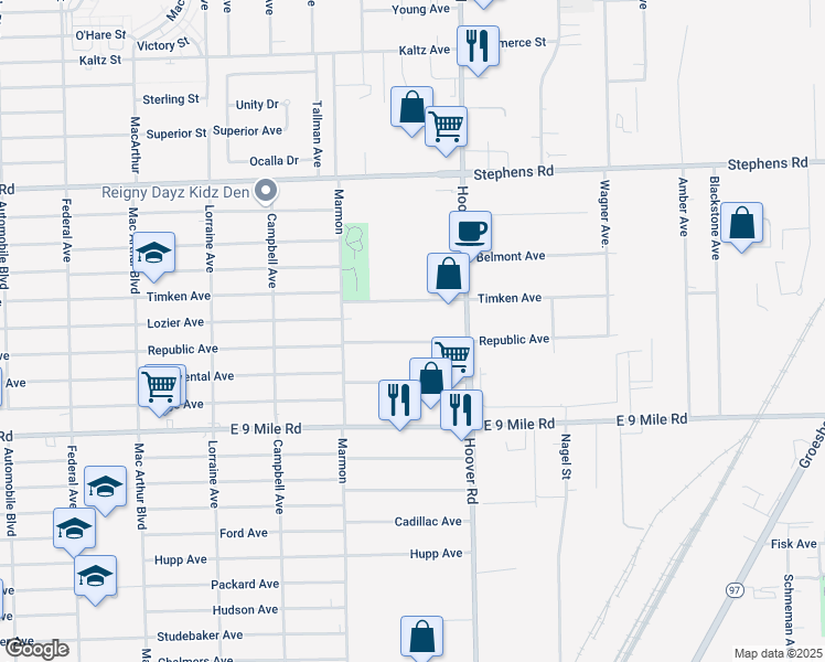 map of restaurants, bars, coffee shops, grocery stores, and more near 11451 Republic Avenue in Warren