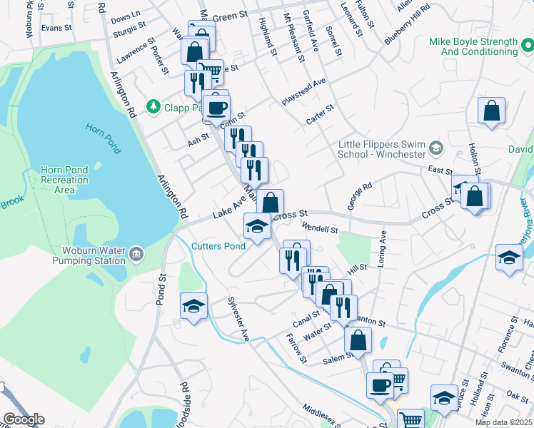map of restaurants, bars, coffee shops, grocery stores, and more near in Woburn