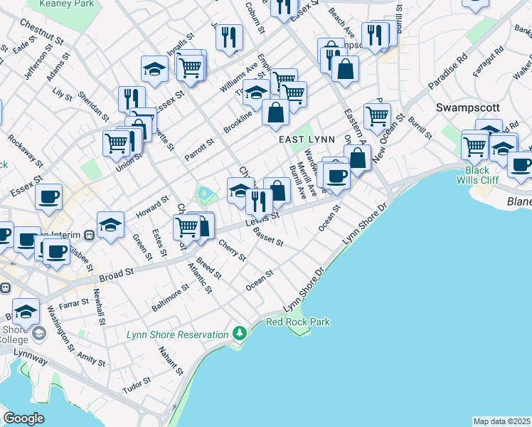 map of restaurants, bars, coffee shops, grocery stores, and more near 6 Fearless Avenue in Lynn