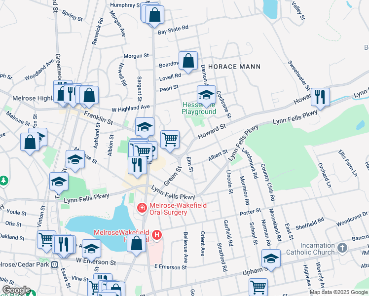map of restaurants, bars, coffee shops, grocery stores, and more near 33 Howard Street in Melrose
