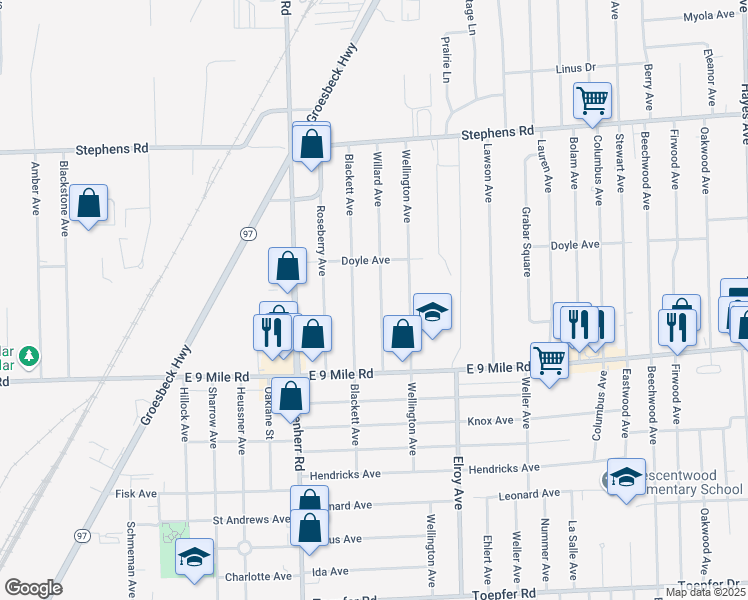 map of restaurants, bars, coffee shops, grocery stores, and more near 23271 Willard Avenue in Warren