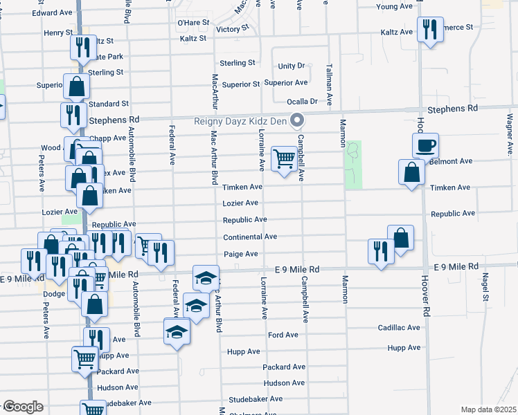 map of restaurants, bars, coffee shops, grocery stores, and more near 8739 Lozier Avenue in Warren