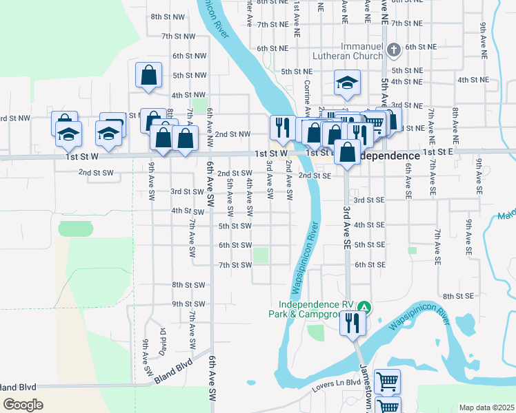 map of restaurants, bars, coffee shops, grocery stores, and more near 311 3rd Street Southwest in Independence