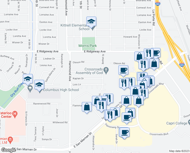 map of restaurants, bars, coffee shops, grocery stores, and more near 1203 Kaplan Drive in Waterloo