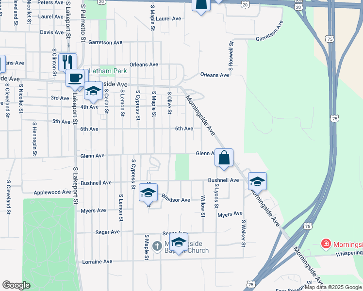 map of restaurants, bars, coffee shops, grocery stores, and more near 2300-2498 South Olive Street in Sioux City