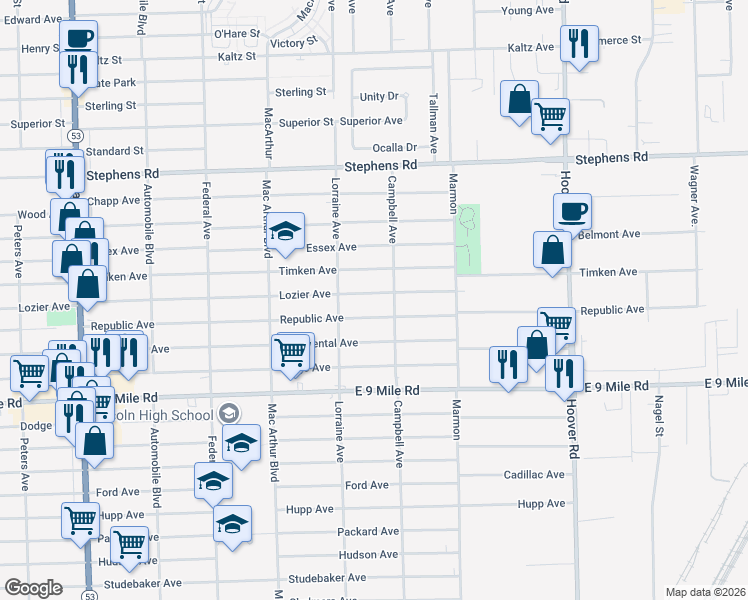 map of restaurants, bars, coffee shops, grocery stores, and more near 11076 Lozier Avenue in Warren