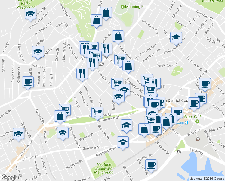 map of restaurants, bars, coffee shops, grocery stores, and more near 84 Franklin Street in Lynn