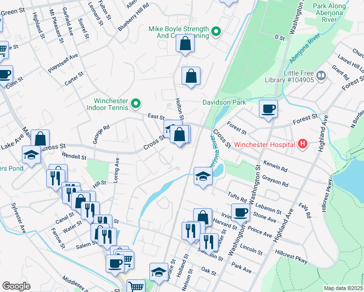 map of restaurants, bars, coffee shops, grocery stores, and more near 15 Lowell Avenue in Winchester
