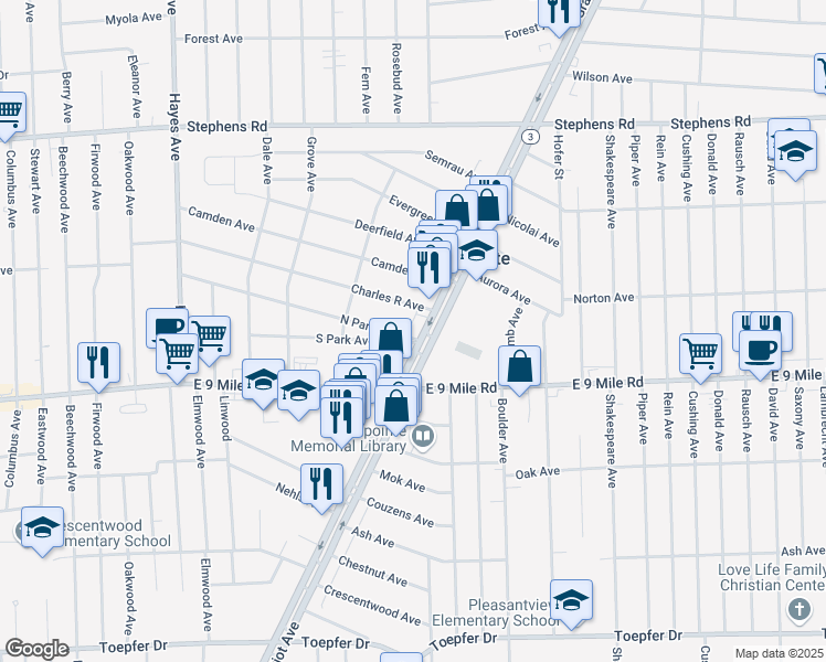 map of restaurants, bars, coffee shops, grocery stores, and more near 22933 Gratiot Avenue in Eastpointe
