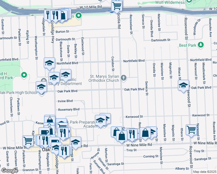 map of restaurants, bars, coffee shops, grocery stores, and more near 23831 Morton Street in Oak Park