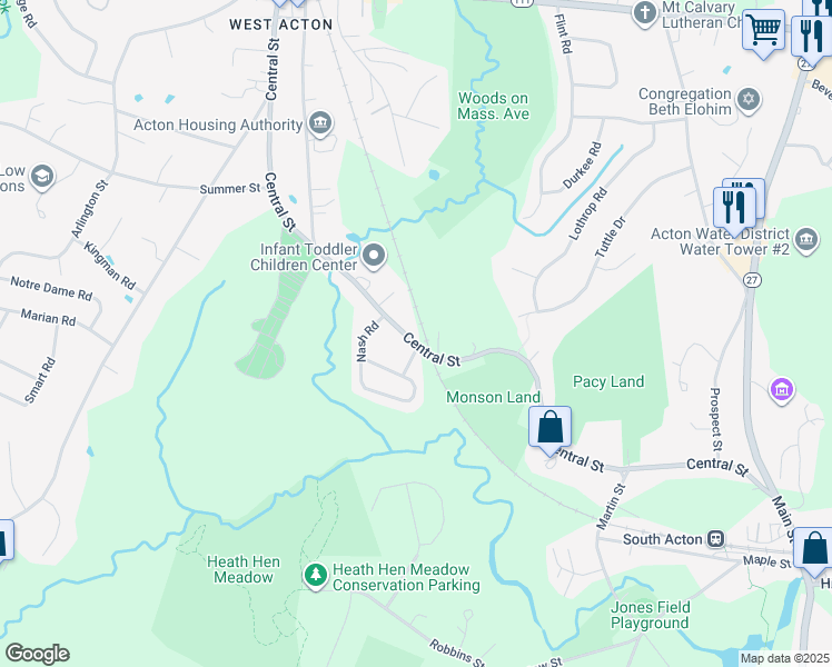 map of restaurants, bars, coffee shops, grocery stores, and more near 125 Central Street in Acton