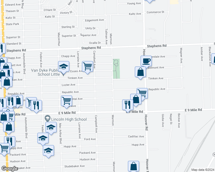 map of restaurants, bars, coffee shops, grocery stores, and more near 11300 Lozier Avenue in Warren