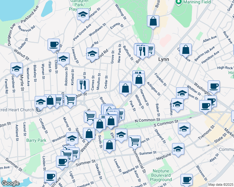 map of restaurants, bars, coffee shops, grocery stores, and more near 344 Barrett Court in Lynn