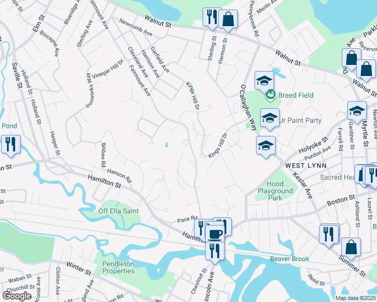 map of restaurants, bars, coffee shops, grocery stores, and more near 44 Wonderland Avenue in Saugus
