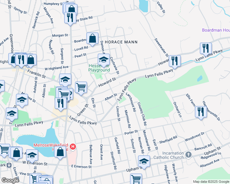 map of restaurants, bars, coffee shops, grocery stores, and more near 75 Clifford Street in Melrose