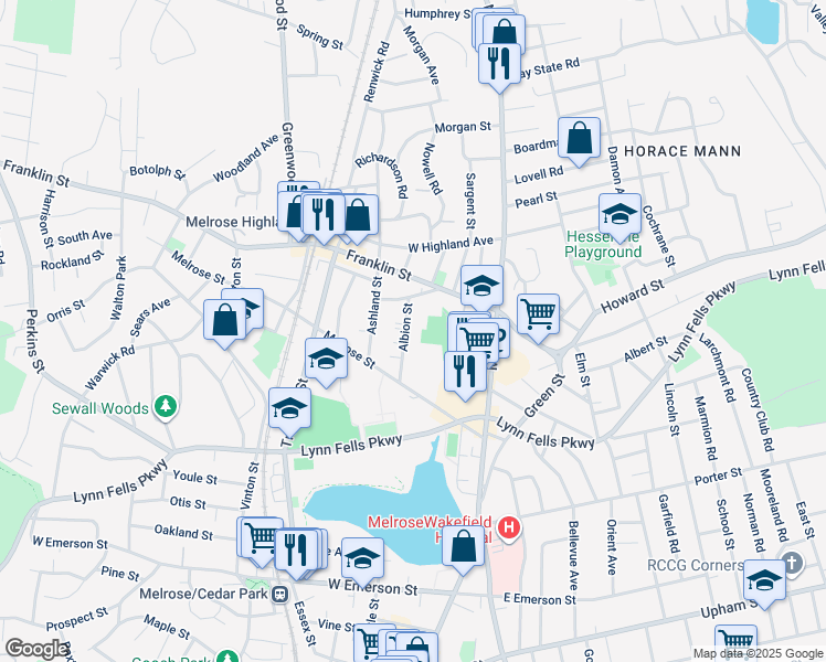 map of restaurants, bars, coffee shops, grocery stores, and more near 51 Albion Street in Melrose