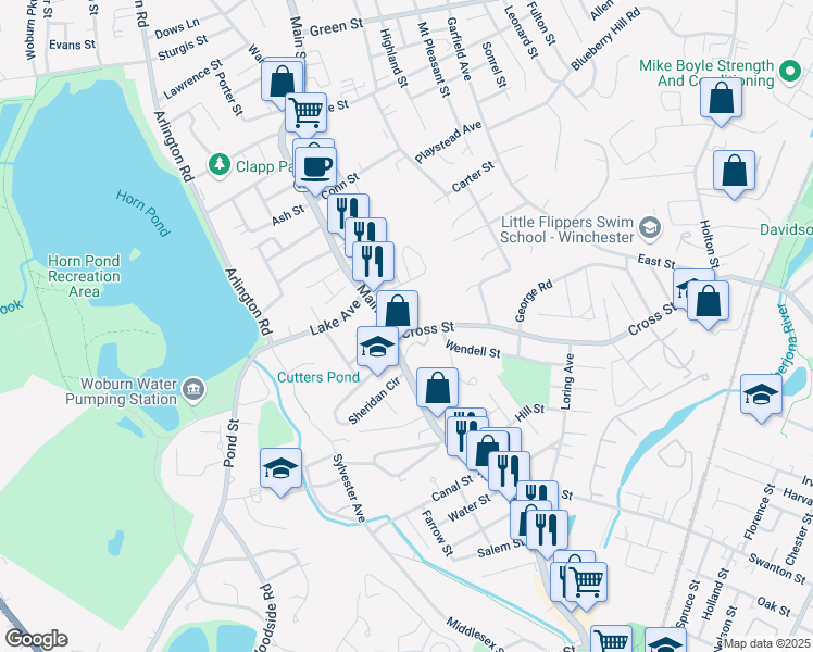 map of restaurants, bars, coffee shops, grocery stores, and more near 14 Cross Street in Woburn