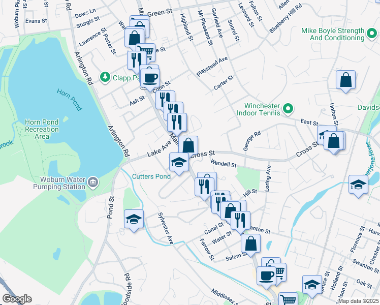 map of restaurants, bars, coffee shops, grocery stores, and more near 14 Cross Street in Woburn