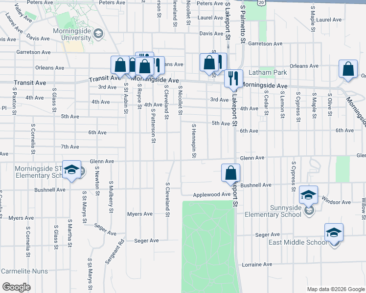 map of restaurants, bars, coffee shops, grocery stores, and more near 2316 South Nicollet Street in Sioux City