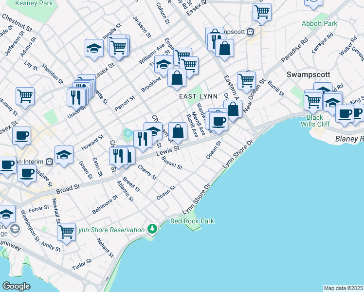 map of restaurants, bars, coffee shops, grocery stores, and more near 77 Lewis Street in Lynn