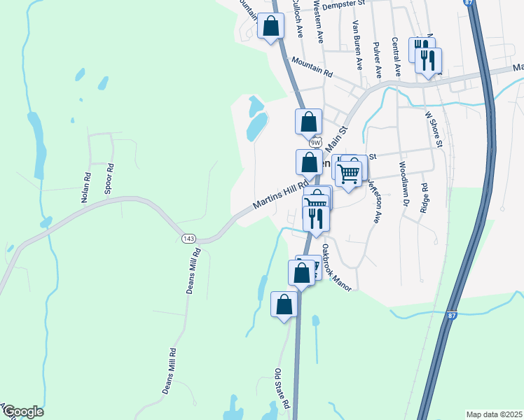 map of restaurants, bars, coffee shops, grocery stores, and more near 43 Martins Hill Road in Ravena
