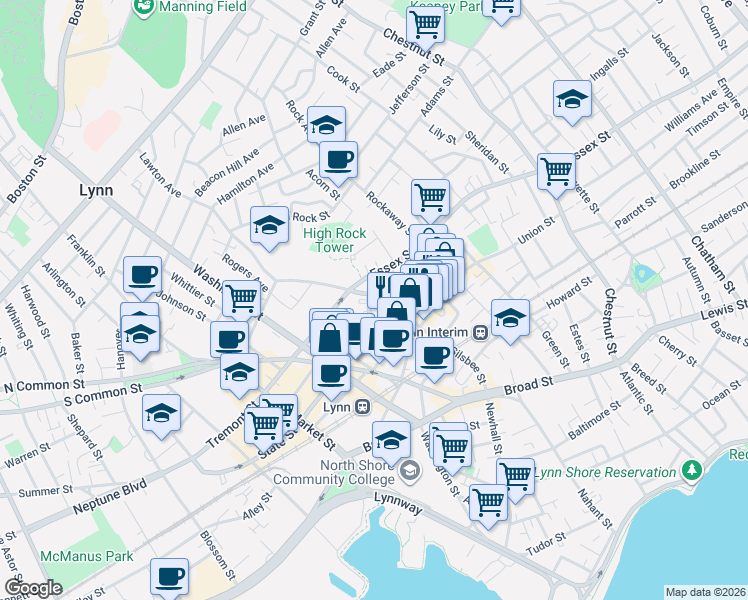 map of restaurants, bars, coffee shops, grocery stores, and more near 42 High Street in Lynn