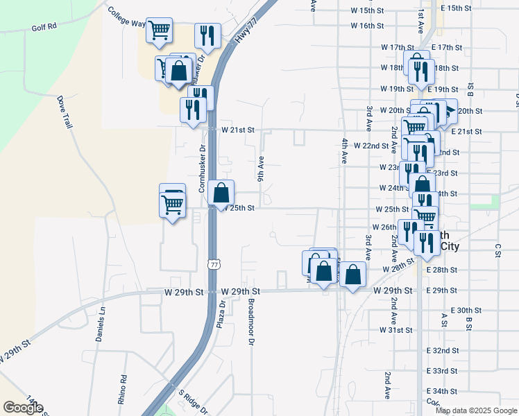 map of restaurants, bars, coffee shops, grocery stores, and more near 1001 West 25th Street in South Sioux City