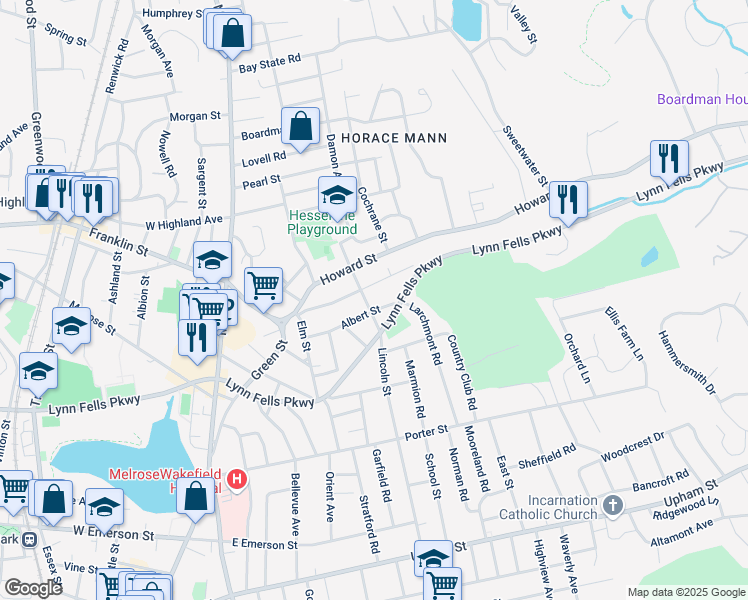 map of restaurants, bars, coffee shops, grocery stores, and more near 75 Clifford Street in Melrose