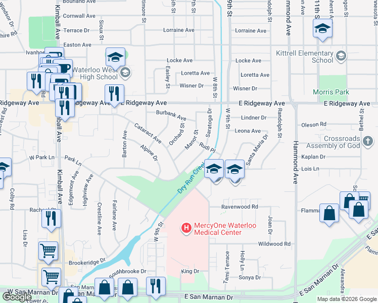 map of restaurants, bars, coffee shops, grocery stores, and more near 2625 Manor Street in Waterloo