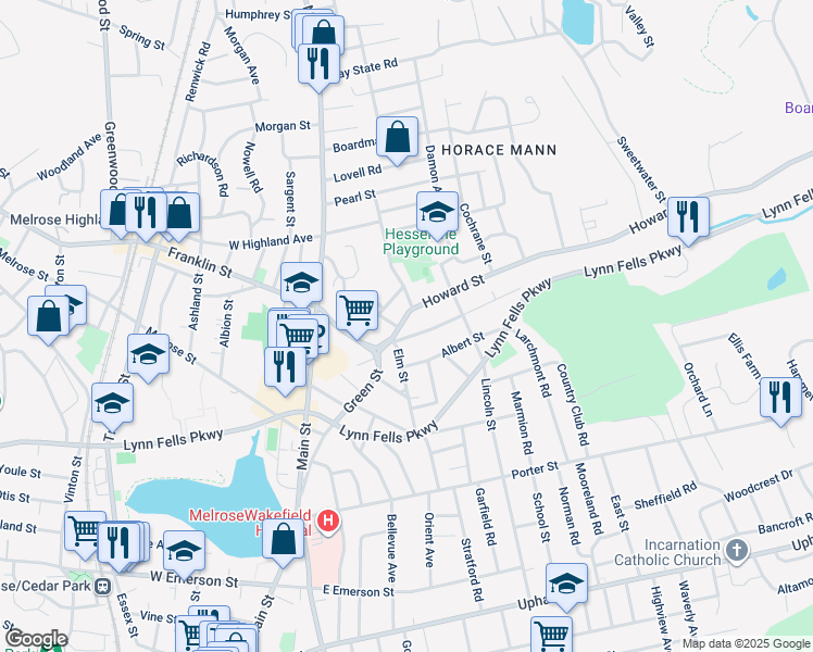 map of restaurants, bars, coffee shops, grocery stores, and more near 33 Howard Street in Melrose