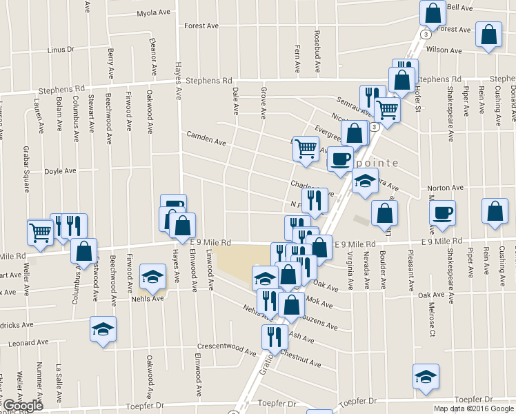 map of restaurants, bars, coffee shops, grocery stores, and more near 15519 South Park Avenue in Eastpointe