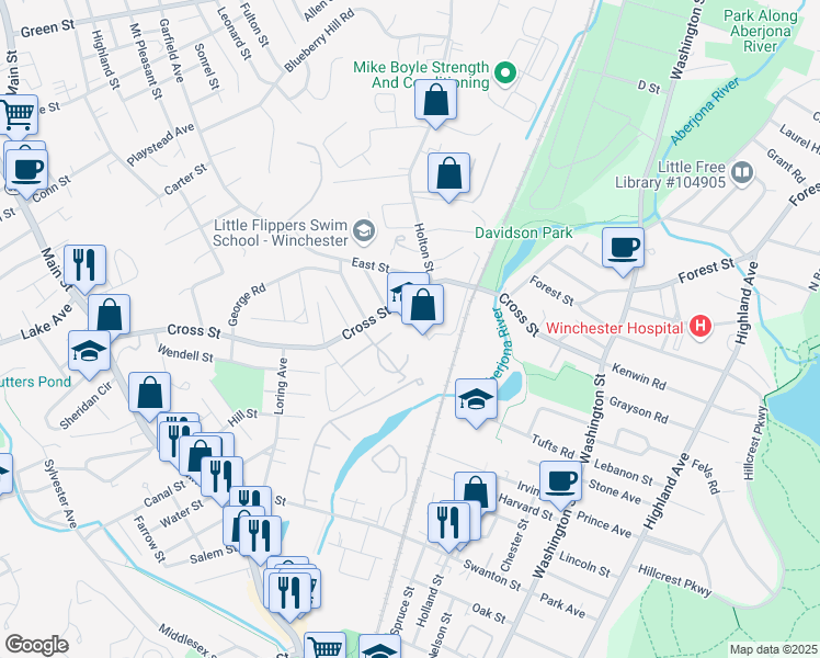 map of restaurants, bars, coffee shops, grocery stores, and more near 5 Lowell Avenue in Winchester