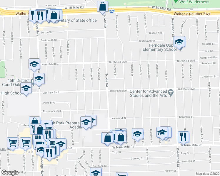 map of restaurants, bars, coffee shops, grocery stores, and more near 10840 Oak Park Boulevard in Oak Park