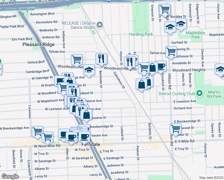 map of restaurants, bars, coffee shops, grocery stores, and more near 475 East Woodland Street in Ferndale