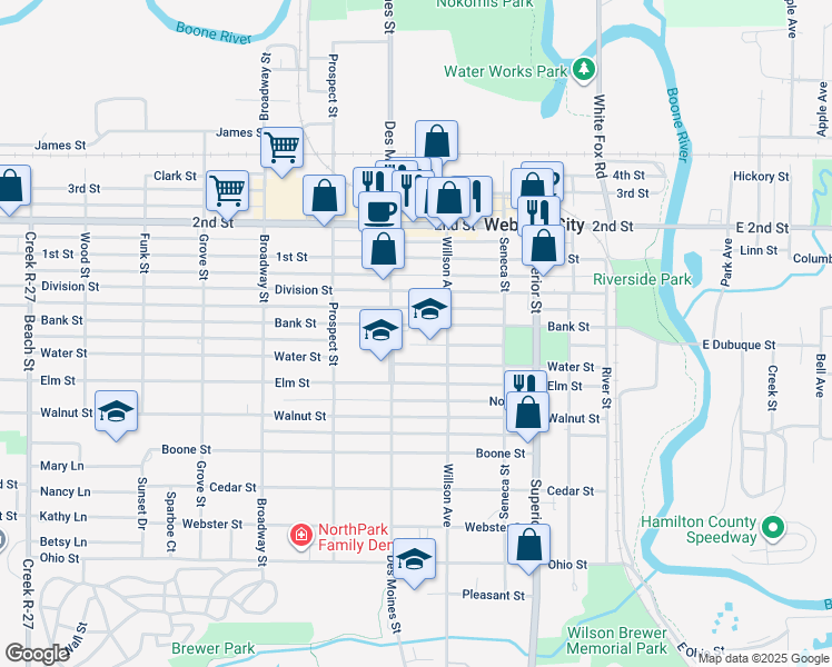 map of restaurants, bars, coffee shops, grocery stores, and more near 626 Bank Street in Webster City