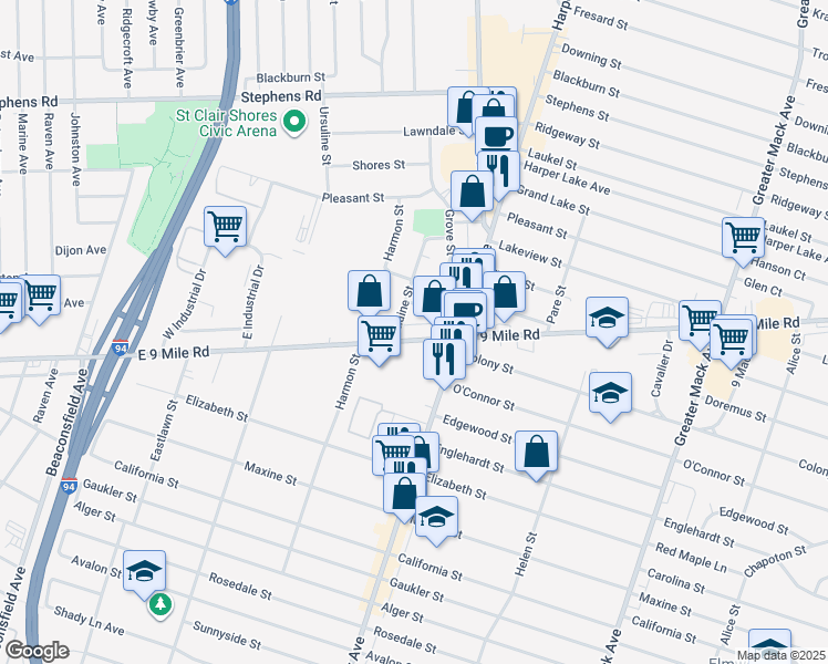 map of restaurants, bars, coffee shops, grocery stores, and more near 20659 East 9 Mile Road in St. Clair Shores