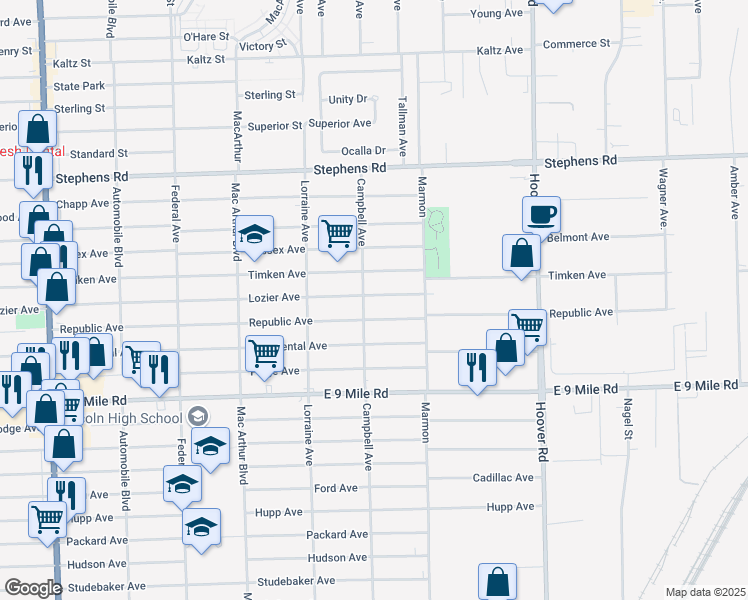 map of restaurants, bars, coffee shops, grocery stores, and more near 11220 Lozier Avenue in Warren