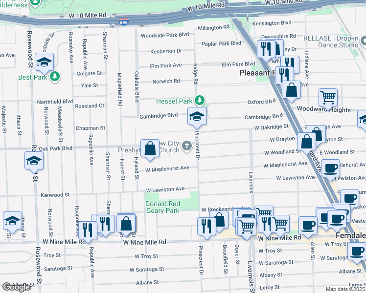 map of restaurants, bars, coffee shops, grocery stores, and more near 767 West Drayton in Ferndale