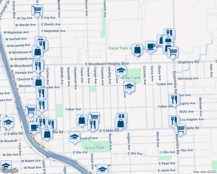 map of restaurants, bars, coffee shops, grocery stores, and more near 23465 Harding Avenue in Hazel Park