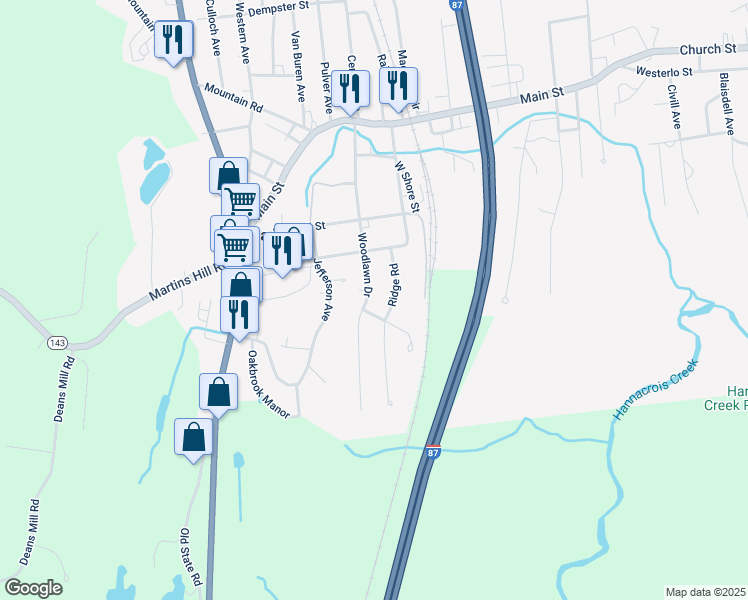 map of restaurants, bars, coffee shops, grocery stores, and more near 62 Woodlawn Drive in Ravena