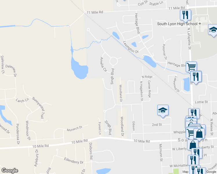 map of restaurants, bars, coffee shops, grocery stores, and more near 220 Cuyahoga Ct in South Lyon