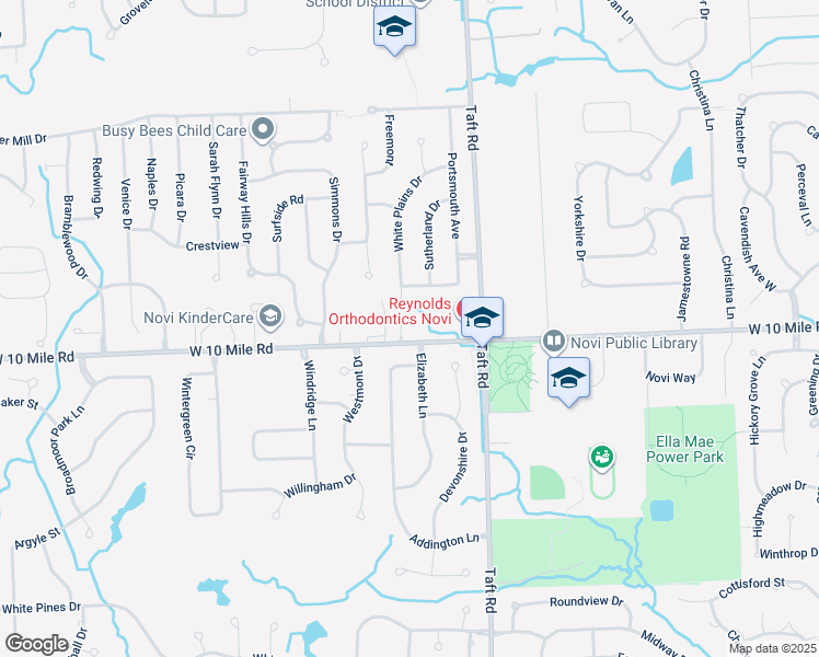map of restaurants, bars, coffee shops, grocery stores, and more near 24307 Weathervane Court in Novi