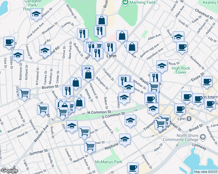 map of restaurants, bars, coffee shops, grocery stores, and more near 9 Arlington Street in Lynn